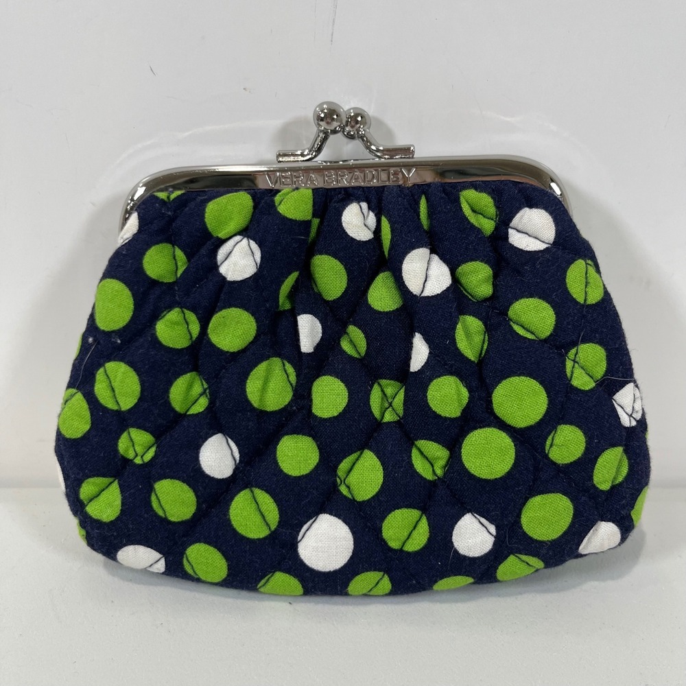 Vera Bradley Coin Purse Kiss Lock Navy Green Polka Dot Quilted Turnlock Pouch
